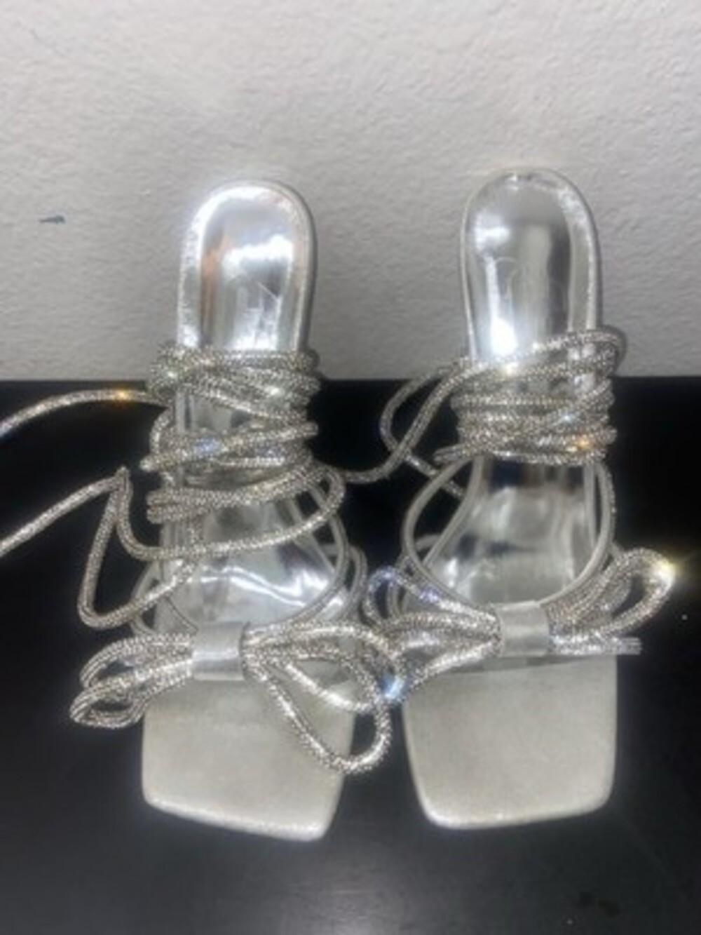 Silver Rhinestone Lace Up Heels Size 9 Clear Stiletto Square Toe Party